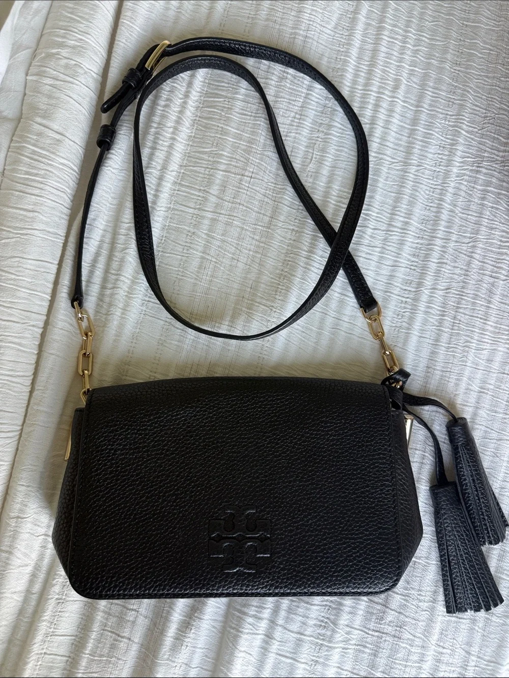 Tory Burch Black Pebbled Leather Crossbody with Tassel Charm
